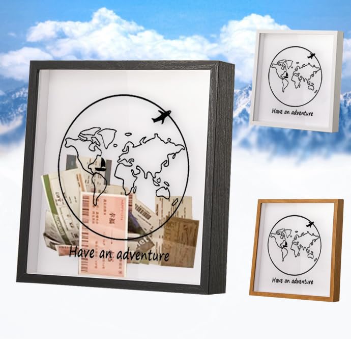 Travel Adventure Archive Shadow Box for Memories, 12x12in Memory Box with Slot on Top for Travel Ticket Stub, Top Loading Travel Memory Box for Keepsake Life in a Shadow Box Travel Frame, Black