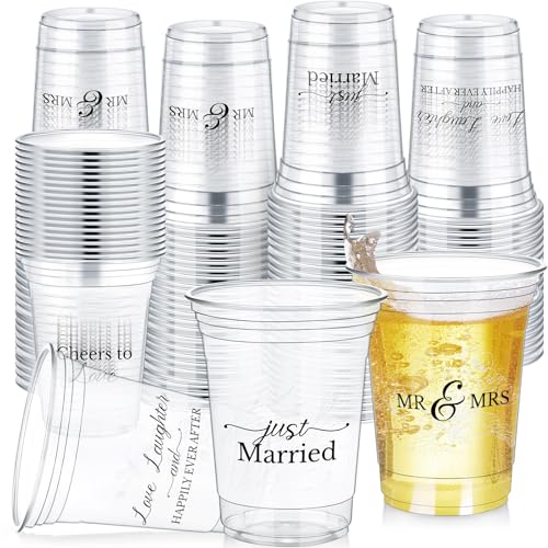 Jingmore 200 Pcs Wedding Plastic Cup 12 oz Wedding Disposable Cups for Reception Thick Clear Cup Happily Ever After Mr and Mrs Just Married Cups for Bridal Shower Decorations (White Floral)