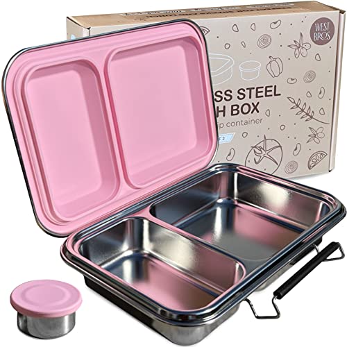 West Bros Stainless Steel Lunch Box And Dip Container - Premium Metal Bento Box For Kids Adults - Stainless Steel Food Container With 2 Compartments - Modern Leakproof Snack Lunchbox Set (Pink) #TOP28