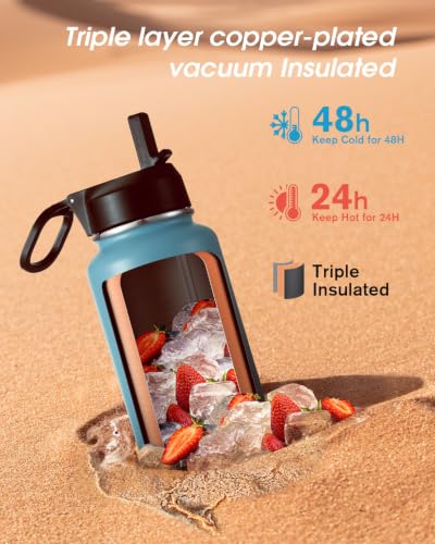 Image of Coolflask 40 oz Water Bottle Insulated with Straw & 3 Leakproof Lids