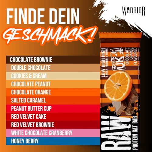 Warrior Raw Proteinriegel 12 x 75 g – Ballaststoffreicher Haferriegel mit Protein, High Protein Snack ohne Zucker, Natürlicher Haferflocken Riegel mit Präbiotika – Schokolade-Orange 6