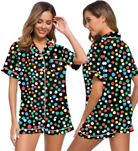 Image of SWOMOG Womens Silk Satin Pajamas Set Short Sleeve Sleepwear Button Down Top and Shorts Loungewear 2 Piece Pjs Set XS-3XL L v-painted Dots Medium