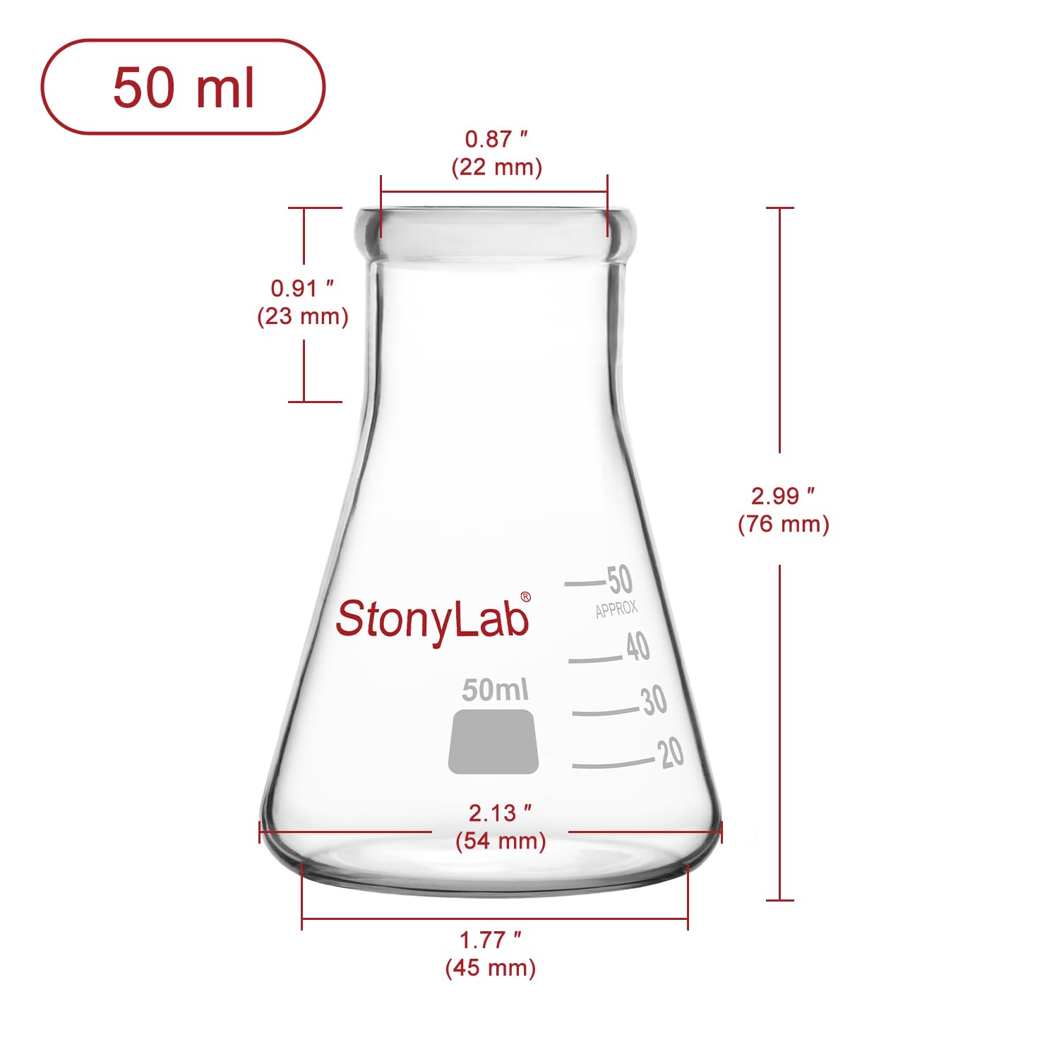 Erlenmeyer Matraces, Paquete de 2 50 ml Boca Estrecha Vidrio de Borosilicato Laboratorio