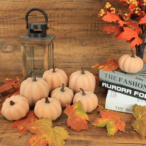 Image of Ghrdopy Fake Pumpkins, 8 Pcs Orange Artificial Pumpkins, Plastic Pumpkins for Thanksgiving Party Table Centerpiece Autumn Home Decoration-C