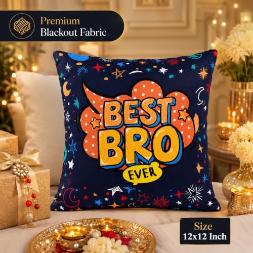 Image of Dreamica Designer Set of 2 Rakhi, Printed 12x12 Inch Cushion,Lord Ganesha Idol,Message Bottle, Standee Showpiece, Fridge Magnet, Greeting Card and Tilak Set | Best Rakhi Gift for Brother