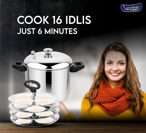 Image of VARCHAS Stainless Steel Idli Cooker with 4 Plates and Lid | 16 Idlis | Idly Maker | Silver | Steamer | Compatible with Gas and Induction