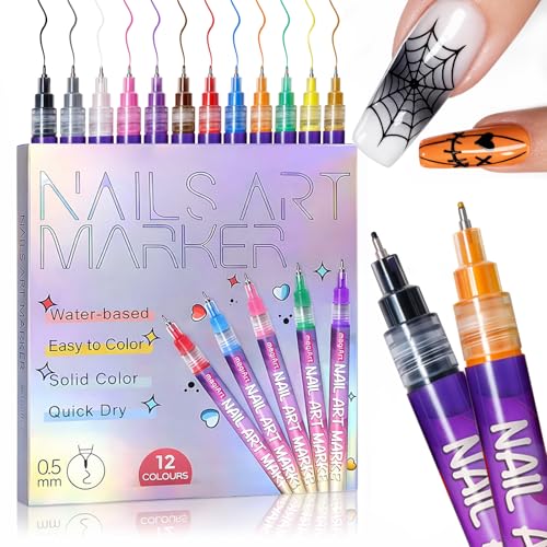 12 Colors Nail Art Pens Kit, 0.5mm Precision Nail Art Markers, Qu...