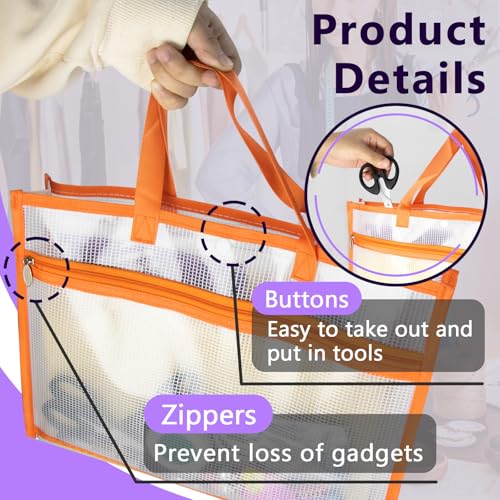 Image of Portable Project Bags for Quilting Knitting, Stitching and Embroidery Projects Storage, Sew Project Bag with Zipper and Double Pockets, Transparent Mesh Sewing Project Bag for Crafter