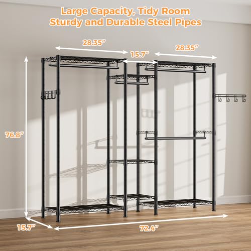 T09-M-Heavy-Duty-Closet-Garment-Rack-7-Tiers-Adjustable-Metal-Freestanding-Clothing-Storage-Closet-with-4-Hanger-Rods-and-2-side-hooks-Easy-to-Assemble-Wardrobe-724-L-x-157-W-x-768-H-Black T09 M Heavy Duty Closet Garment Rack 7 Tiers Adjustable Metal Freestanding Clothing Storage Closet with 4 Hanger Rods and 2 side hooks Easy to Assemble Wardrobe 724 L x 157 W x 768 H Black