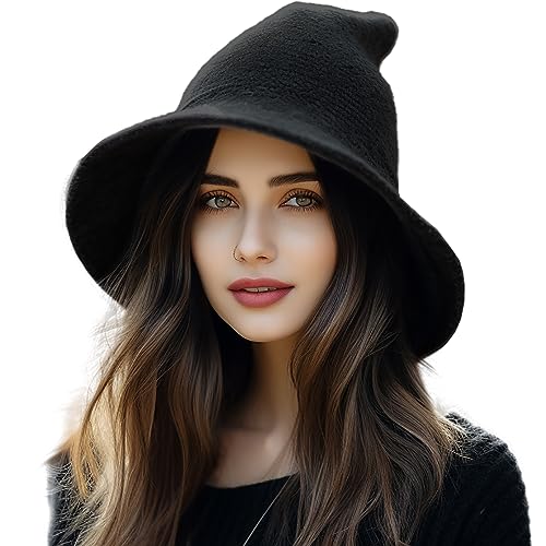 Lanzom Women Lady Halloween Witch Hat Wool Knitted Cap for Party Masquerade Cosplay Costume Accessory (Black One Size)