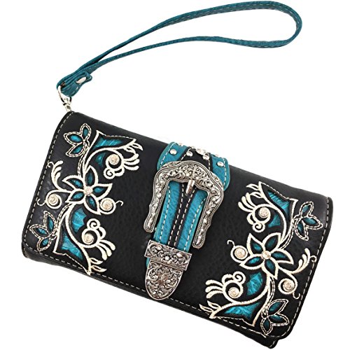 Justin West Rhinestone Cross Floral Embroidery Laser Cut Wristlet Trifold Wallet Attachable Long Strap2