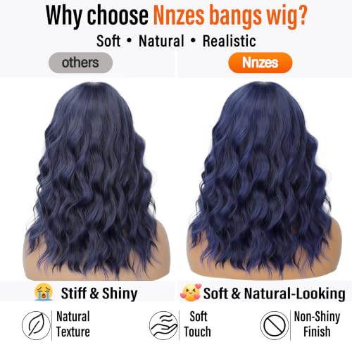 Image of Nnzes Wig with Bangs for Women Short Bob Wavy Charming Synthetic Dark Blue Wigs with Natural Shoulder Length Curly Heat Resistant Hair for Daily Party Use