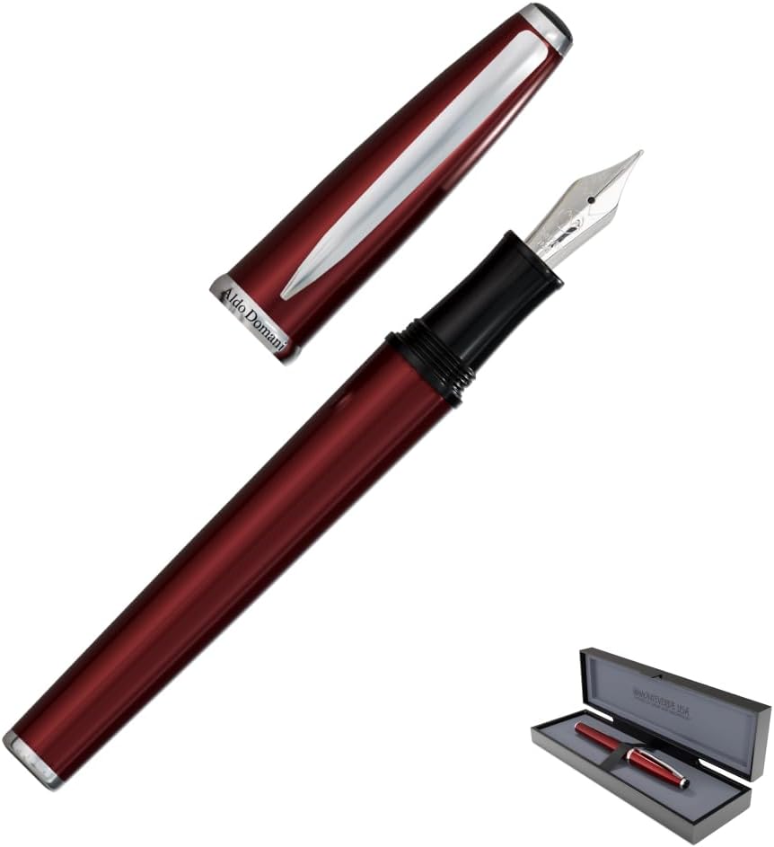 Monteverde USA Aldo Domani Fountain Pen Red – Fine Nib – Free Ink Bottle, Converter & Cartridges – JoWo German Nib – Refillable Gift Pen in Box