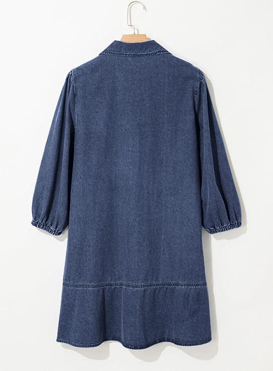 utcoco Denim Dress for Women Casual Loose Fit 3/4 Sleeve Ruffle Jean Badydoll Mini Dress with Pockets - Image 7