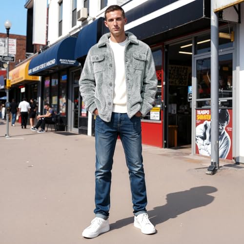 Image of GINGTTO Mens Furry Button-Up Jacket 4 Pockets Fluffy Coat For Men