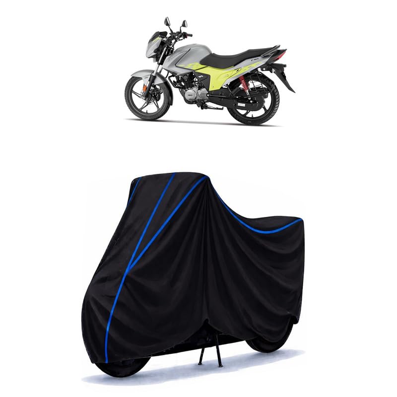 Image of Hero Glamour Blaze Bike Cover Water Resistant Universal Motorcycle Rain | Heavy Duty UV Protection, Dust, Scratch Indoor Outdoor All Weather with Black Blue Piping Elastic