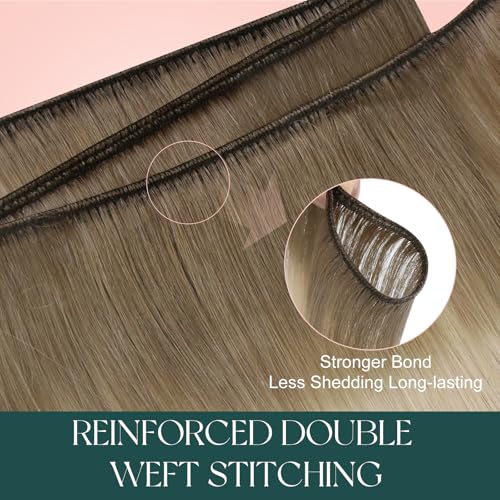 Image of Easyouth 22 Inch Weft Human Hair Extensions Ombre Weft Hair Extensions Human Hair Balayage Ash Brown Fading to Platinum Blonde Human Hair Extension Sew in Add Length and Volume 100G