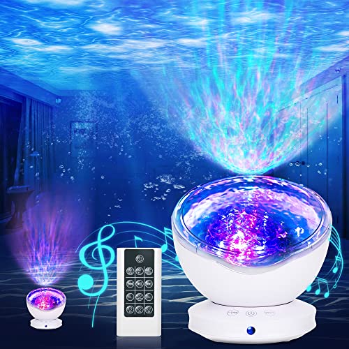 Lampe Projecteur LED Simulation des Vagues Océan, Veilleuse Enfant avec 8 Modes de Couleurs 6 Sons de Musique Télécommande Minuterie Lampe de Chevet pour Decoration Chambre