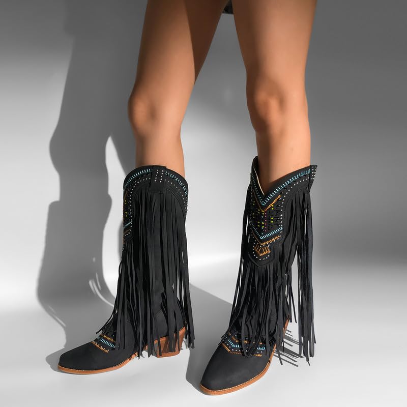 Image of LISHAN Women's Western Cowboy Cowgirl Boots Fringed Tassel Block Heels Embroidered Calf High Boots