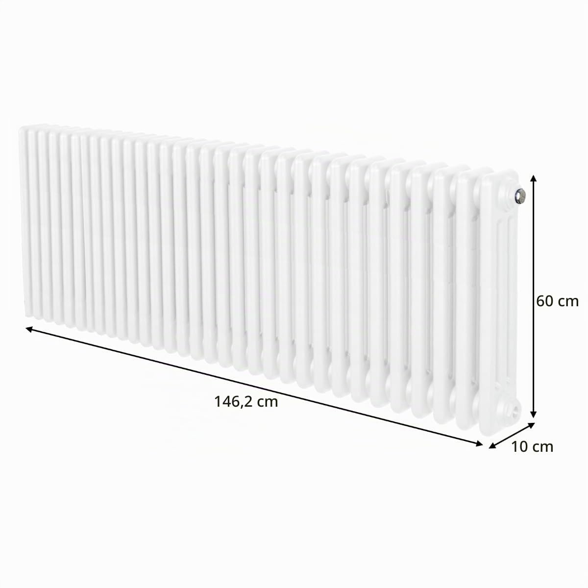 Radiador Tradicional Horizontal de 3 Columnas 600mm x 1462mm | Blanco | Acero | Montado en pared | Kit de fijación y soportes + Cepillo de limpieza GRATIS | Calefacción estufa calefactor