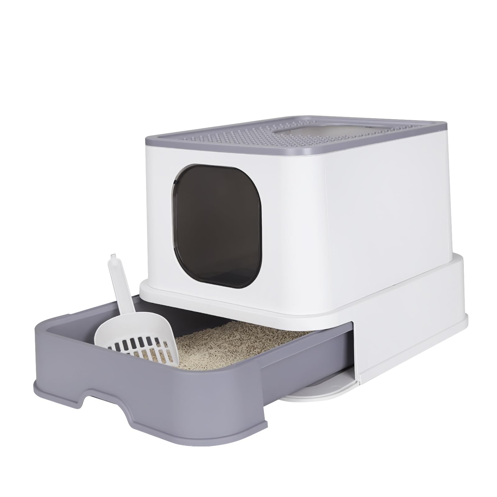 RIZZARI Enclosed Cat Litter Box with Lid, Large Foldable Litter Box with Litter Scoop, Top Entry Cat Toilet for Kittens and Big Cats (White,Plastic, Large)