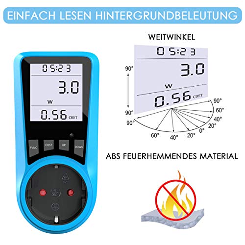 Stromkostenmessgerät, BMK Stromzähler Leistungsmessgerät Energiekostenmessgerät Strommessgerät Steckdose, Leistungsmesser Messgerät mit Größer LCD Bildschirm, Überlastsicherung 3680W (2pcs) - Image 3