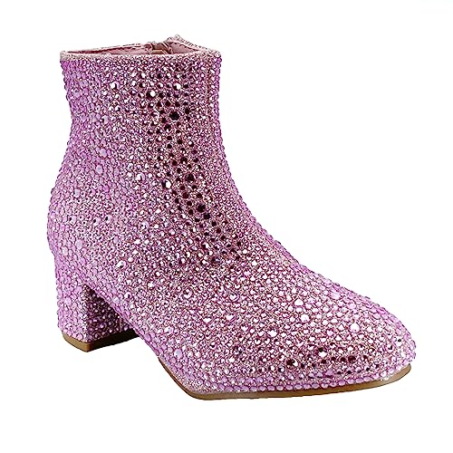 ABSOLEX Girle's Rhinestone Round Toe Block Chunky Low Heel Ankle Booties