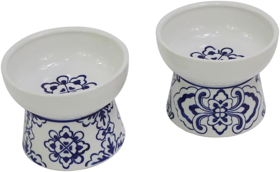 5 Inch Wide Elevated Ceramic Cat Bowls, Food and Water Bowl for Elder Big Cats Small Dogs, Raised Design Easy Eating, Protect Cat's Spine-10 FL OZ Blue and White