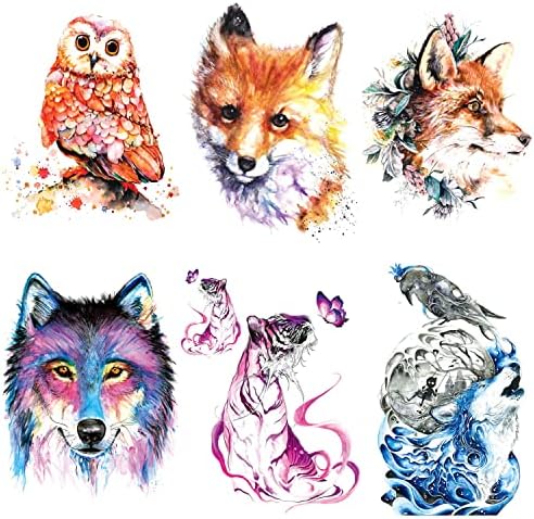 Glaryyears Animal Temporary Tattoos for Adults Women Men, 6 Pack Large Watercolor Fox Wolf Tiger Butterfly Owl Design Fake Tattoo Stickers, Body Makeup Water Transfer Art Decoration Long Lasting