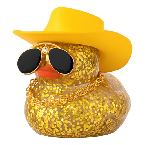 wonuu Car Rubber Duck, Dashboard Decorations Colorful Sparkly Cowboy Hat Ducks for Car Ornament Accessories with Hat, Diamond Glasses, Necklace, Glittering Yellow