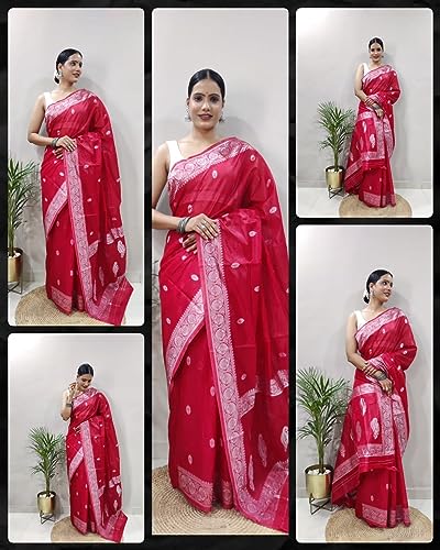 Image of Banarasi soft Cotton-Silk Saree with Unstitched Blouse - Graceful Design for Special Occasions, Weddings & Festivals