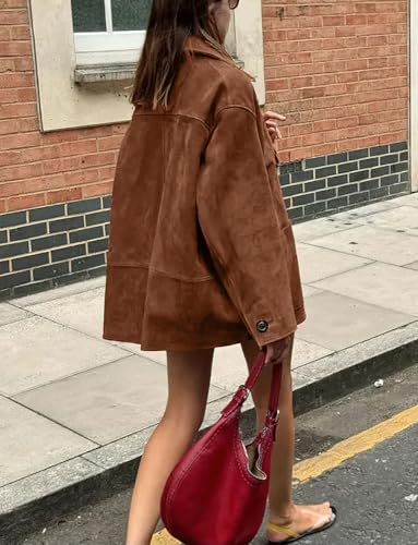 chouyatou Women's Fall Boyfriend Faux Suede Leather Jacket Casual Midi Long Button Down Shacket Coat4