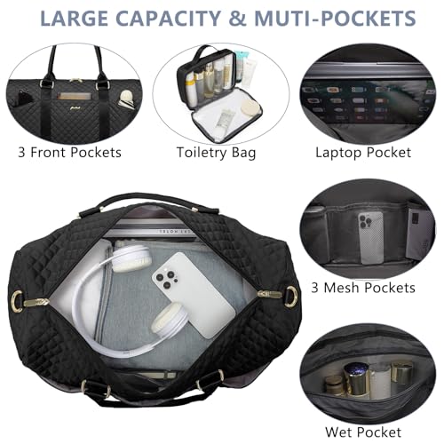 Image of Women Weekender Travel Duffle Bag: Travel Duffel Overnight Bags with Shoe Compartment Large Carry on Tote with Toiletry Bag Weekend Traveling Yoga Gym Hospital Bag for Women with Wet Pocket Black