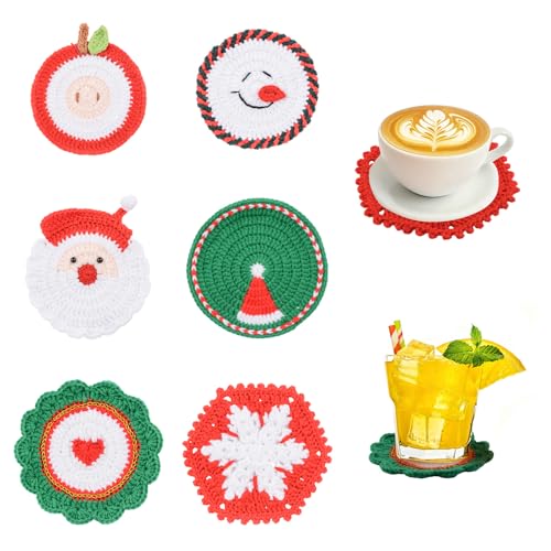 HICOHAND Sottobicchieri natalizi all'uncinetto, 6 pezzi, realizzati a mano, motivo floreale, colore: rosso, bianco, verde, decorazione per casa, feste, cucina, ufficio, regali