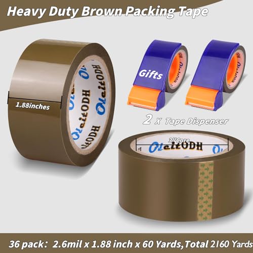 Image of Oleitodh 36 Rolls Brown Packing Tape with Dispenser, 1.88 inch x 60 yd Heavy Duty Shipping Tape Bulk, 2.6 Mil Tan Carton Sealing Tape Refills for Moving Boxes, Mailing, Warehouse Packaging