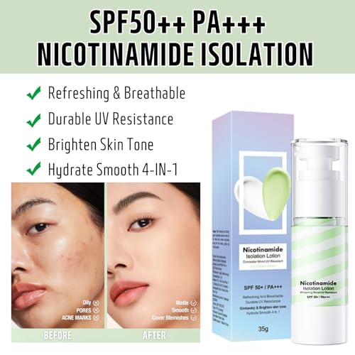 Green Colour Corrector Make up Primer, Anti Redness Primer Makeup with SPF50+, Durable UV Resistance Face Primer with Nicotinamide, Hydrating Isolation Lotion, Concealer & Brighten Skin Tone - Image 5