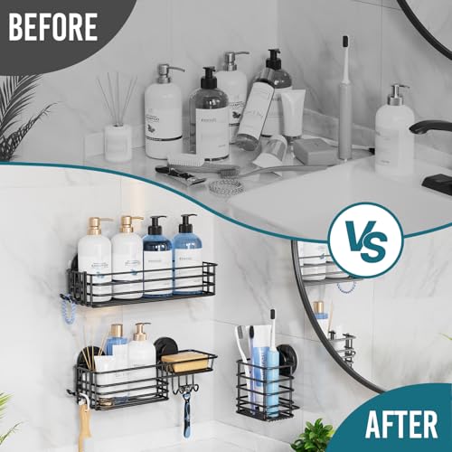 Image of TAILI Shower Caddy Suction Cup, 3 Pack Shelves for Inside with Hooks, Black | Soap Holder, Toothbrush Cups, Removable Bathroom Organizer, Rustproof Shower Shelves