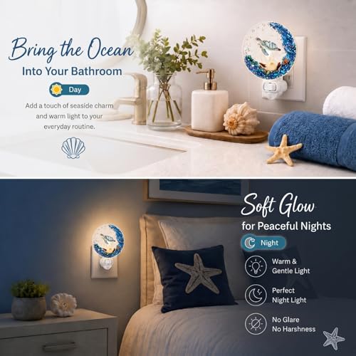 Image of Hortsun Plug in Seashell Night Light Ocean Sea Animal Decorative Night Light Plug in Beach Lamps Vintage Ocean Lamps for Adult for Home Bedroom Living Room Bathroom Wall (Sea Turtle)