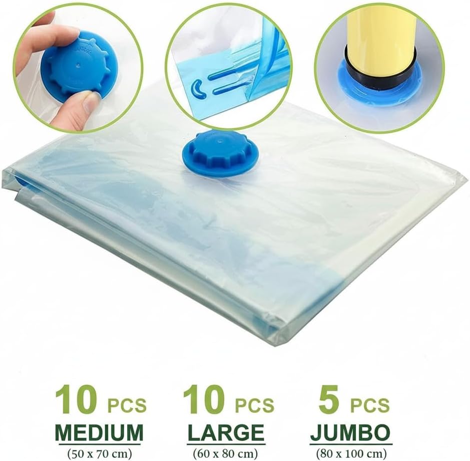 25 Pack Vacuum Storage Bags with Hand Pump, Space Saver Bags for Clothes, Blankets & Comforters (5 Jumbo, 10 Large, 10 Medium), Compression Seal Bags for Travel and Home Organization