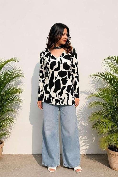 Image of Women Rayon Printed Short Kurti for Women | Floral V Neck Short Kurta Top | Full Sleeve Casual Kurti for Girls & Women