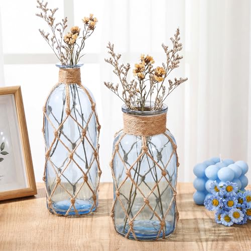 Image of Chuangdi Set of 2 Coastal Glass Flower Vase with Boho Rope, Light Azure