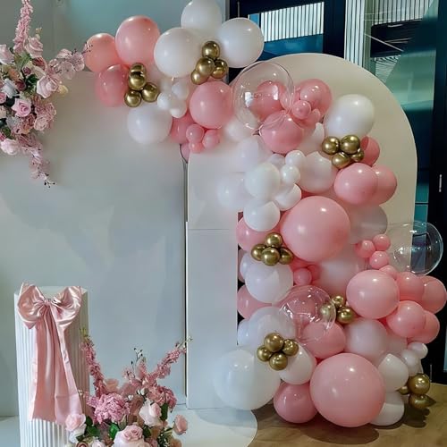 Image of Pink and Gold Balloons Balloons Garland Arch Kit, Pink and White Balloon with Metallic Gold Latex Balloons for Graduation, Wedding, Baby Shower, Engagement, Birthday Party Decorations