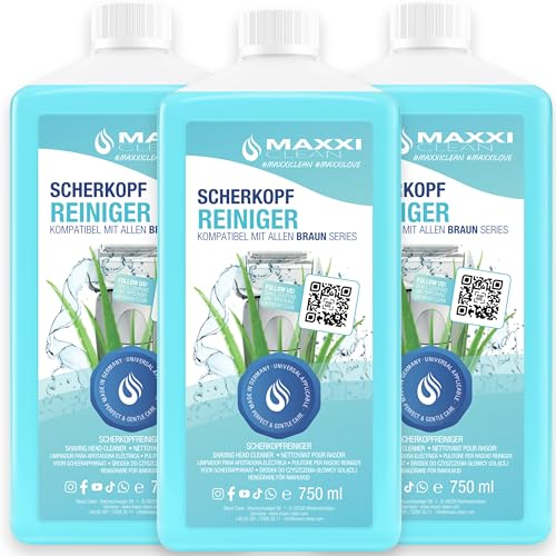 Maxxi Clean | 3x 750 ml Nachfüllflüssigkeit Scherkopfreiniger für Reinigungskartusche | Rasierer Reinigungsflüssigkeit kompatibel mit Braun Reinigungsstation | Reinigungsspray mit Aloe Vera Duft