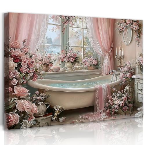 Image of Frimeeme Vintage Pink Bathroom Canvas Wall Art,12x16 Inches