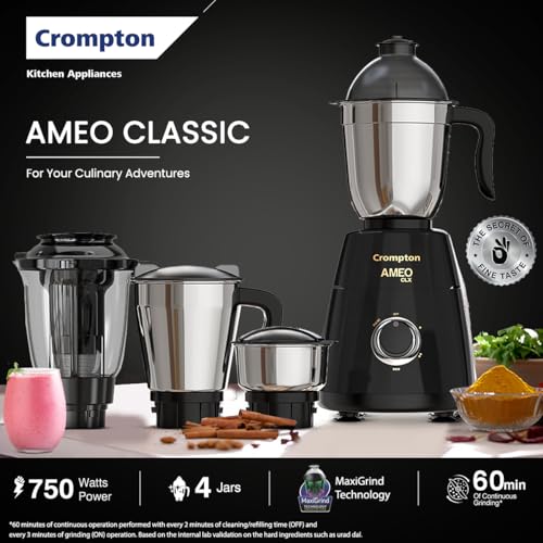 Image of Crompton Ameo Classic 750W Mixer Grinder | Powertron Motor | MaxiGrind Technology | 3 Stainless Steel Jars | 1 Blender Jar with fruit filter | Black