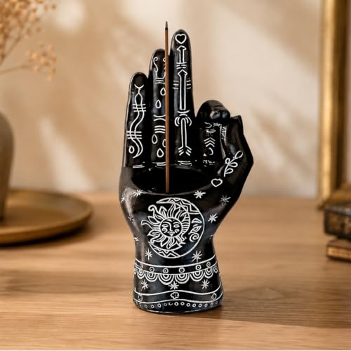 Image of Ekhasa Black Palmistry Hand Resin Incense Stick Holder with Ash Catcher