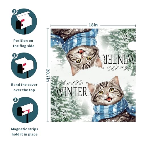 Image of Hello Winter Cat Mailbox Cover Magnetic Standard Size 21 inchx18 inch Christmas Cute Cat Mail Box Covers Magnetic Winter Snow Pine Tree Mailbox Wrap Post Letter Box for Seasonal Holiday Outdoor Decoration