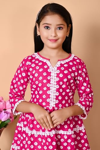 Image of First DREAMGirls Pink Bandhani Printed with Cotton Flower Lace Kurta with Sharara