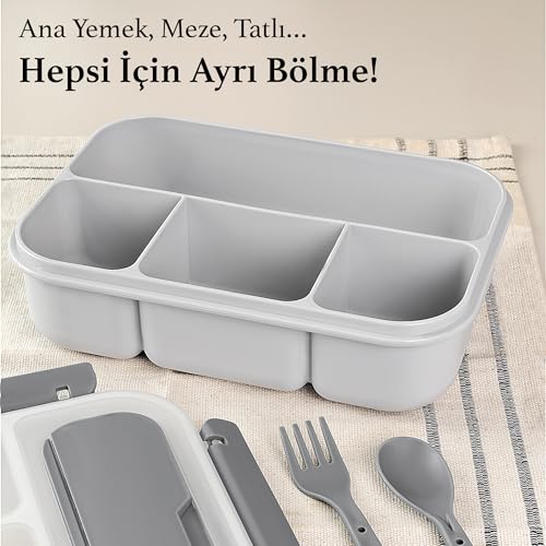 Sızdırmaz Contalı Yemek Kabı - 4 Bölmeli Çatal Kaşıklı Diyet Beslenme Kutusu Lunch Box Gri
