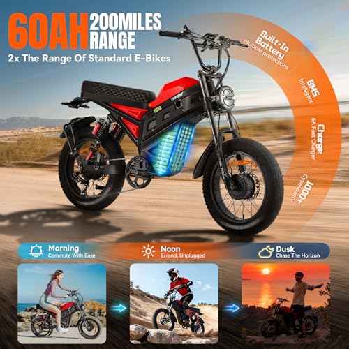 FREESKY 4000W Dual Motor Electric Dirt Bike for Adult,2880WH 60AH Battery Up to 40MPH & 200Mile Long Range Moped Ebike,2 - Additional View